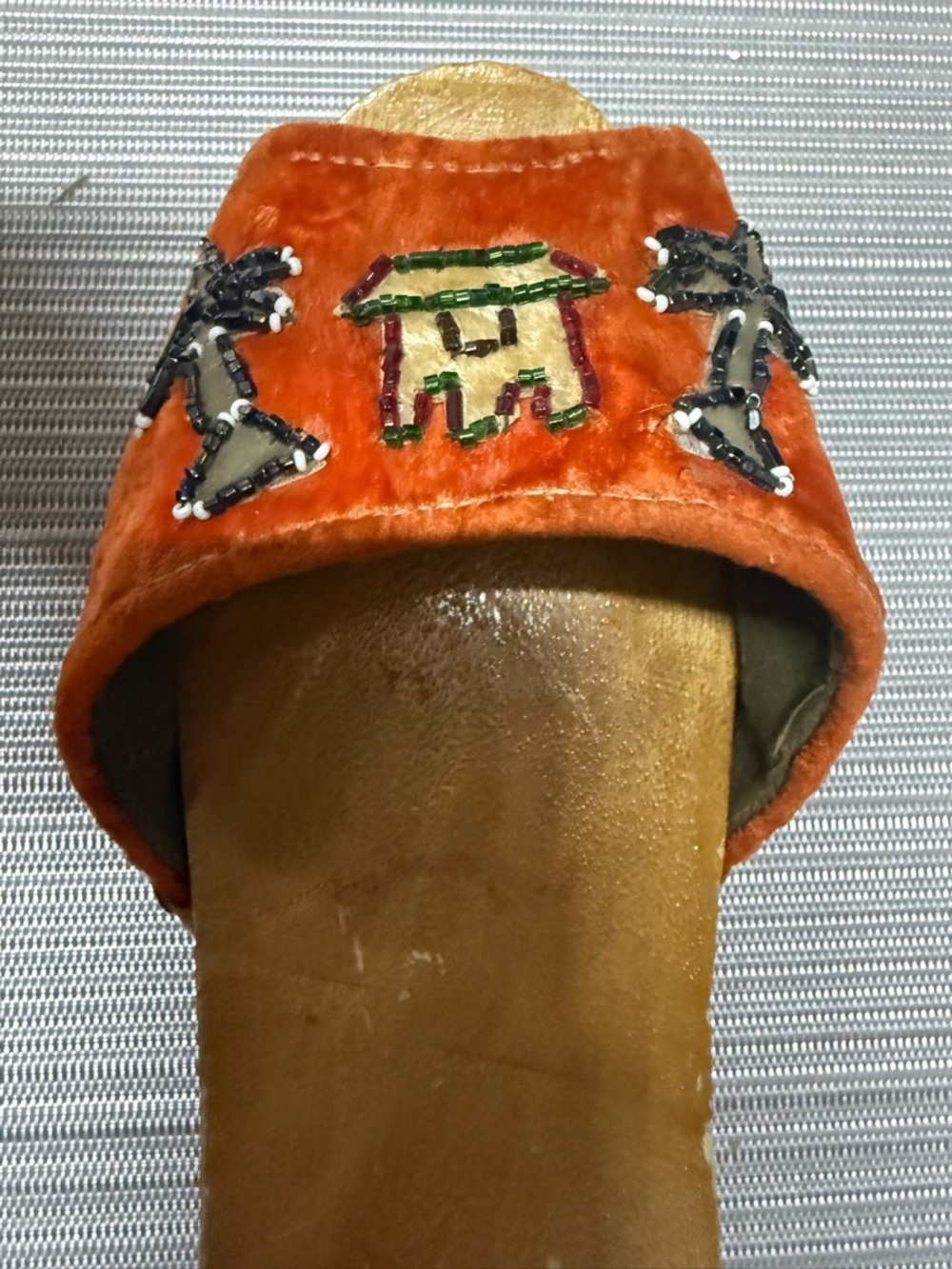 Vintage wooden shoes hand-carved and painted tropical scenes palm tree